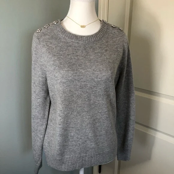 J Crew Jeweled Rhinestone Button Wool Blend Sweater. Gray. Medium - Picture 7 of 12